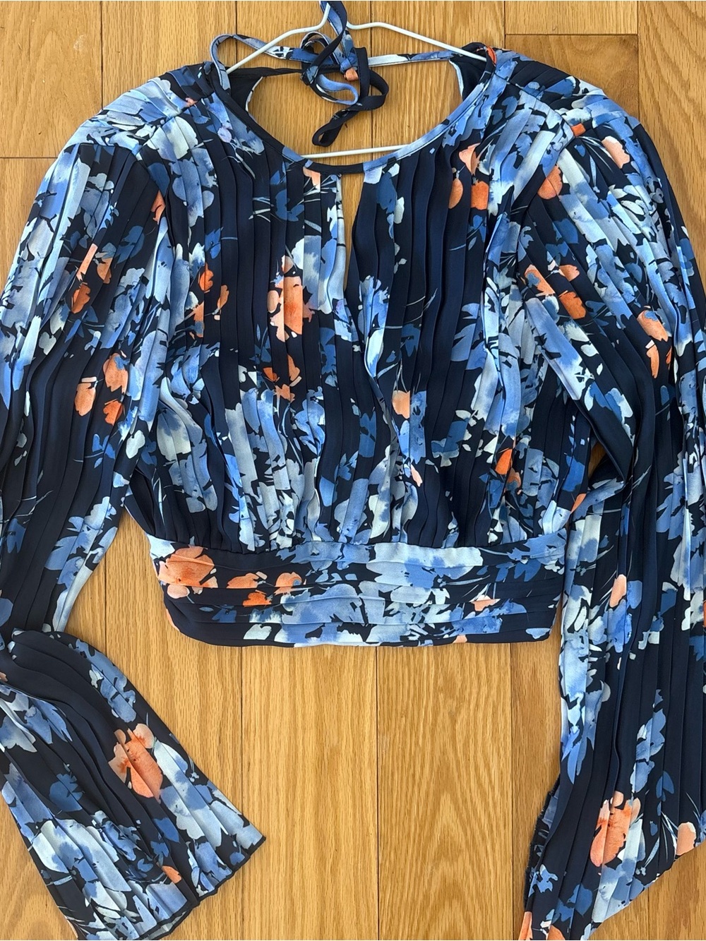 Dynamite Navy Floral Pleated Crop Top with Blue & Coral Accents